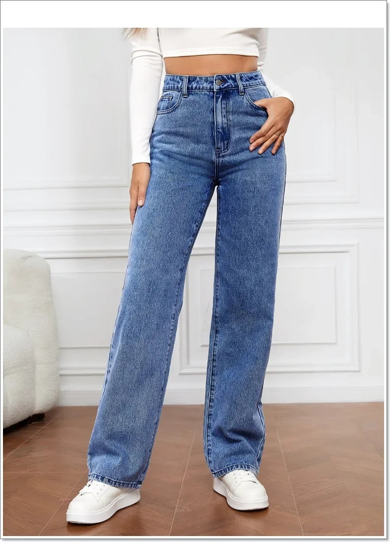 Denim Jeans Women Straight Pants Washing High Waist Loose Pockets Basics Ankle Length Y2k Blue Pants Streetwear Slight Strech