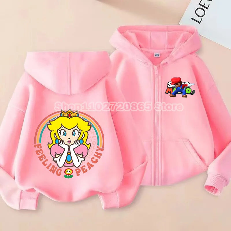 Super Mario Coat Cute Cartoon Game Cardigan Boys Girls Spring Autumn Thin Fashion Harajuku Hooded Zipper Sweatshirt Kids Gift