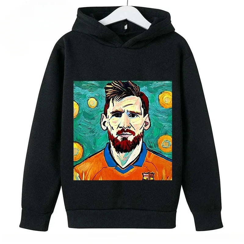 2024 Children's Sports Hoodies Spring and Autumn Children's Wear Pullover Casual Boys and Girls Black Tops Messi Print 4T-14T