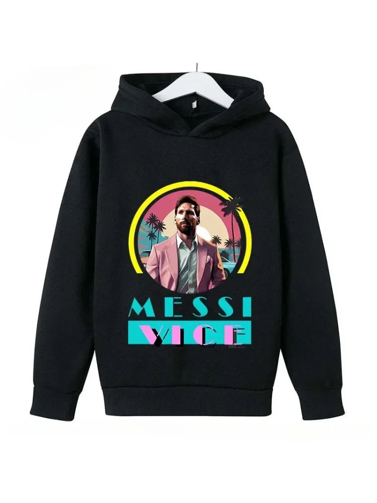 2024 Children's Sports Hoodies Spring and Autumn Children's Wear Pullover Casual Boys and Girls Black Tops Messi Print 4T-14T