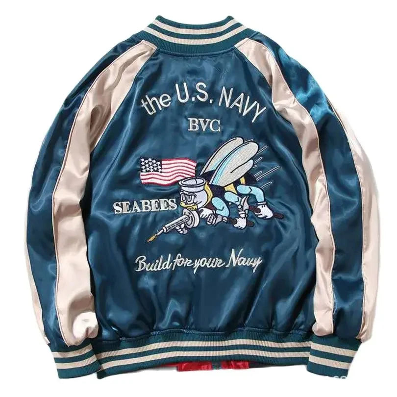 Satin Bomber Jacket Women Men Sukajan Crane Embroidery Coat Hiphop Boys Harajuku Clothing 2025 Autumn Spring