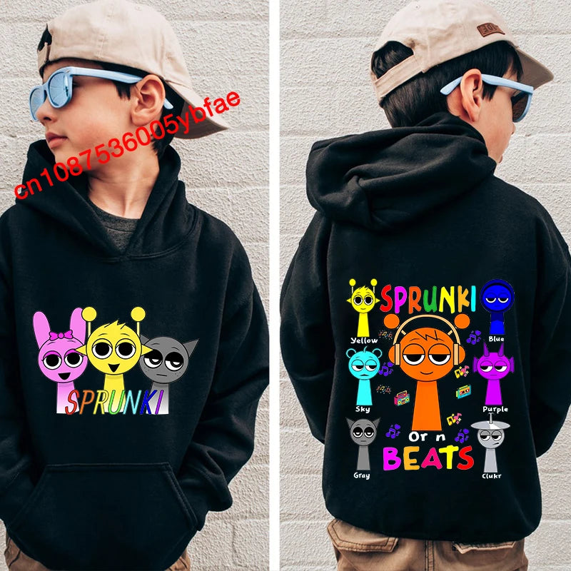 Cartoon Sprunki print kids hoodie black sports sweater casual children's clothing for boys