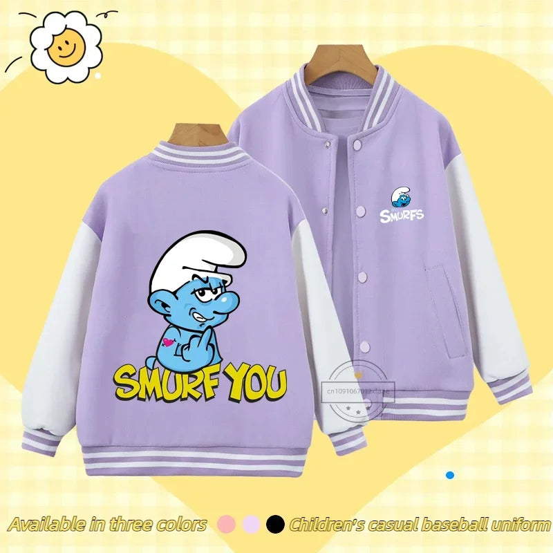 Smurfs Anime Men and Women's Casual Fashion Sports Baseball Jacket Cardigan Sweatshirt Jacket 3-14 Years Old Autumn