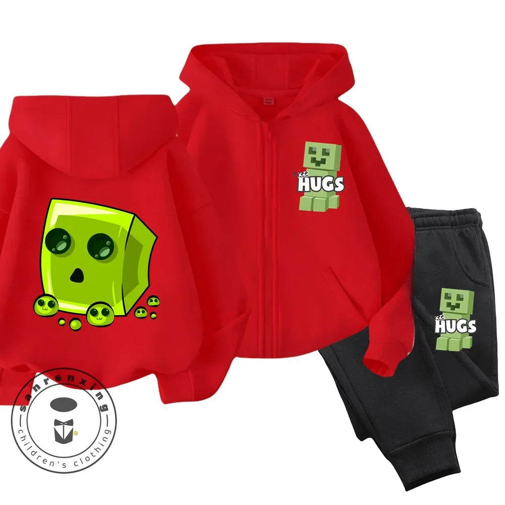 New Disney Minecraft Printed Pattern Children's Zipper Hoodie Set Cute Girls' and Boys' Casual Sports Hoodie Set Campus Style