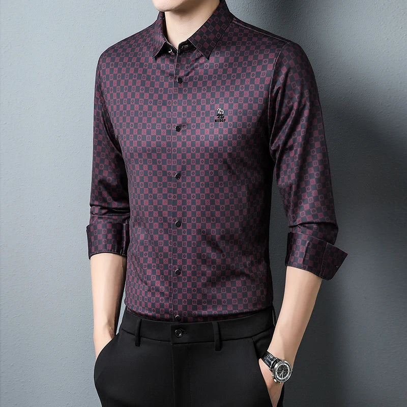 2023 Fashionable Man Shirt With Stamping Purplish Red Blouse Elastic