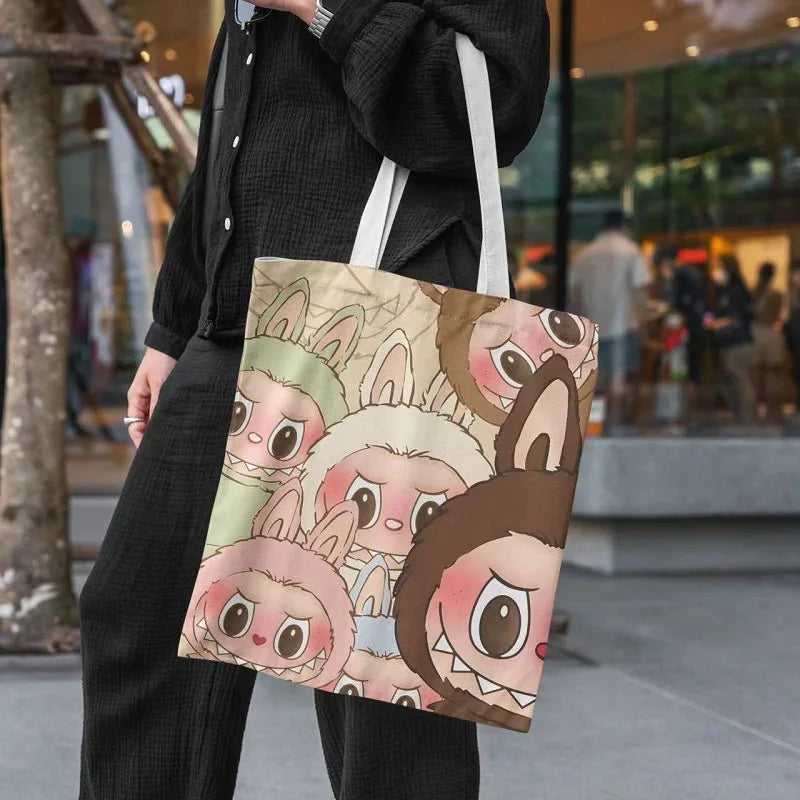 Lisa Same Labubu Canvas Bag Female Cute Cartoon Shopping HandBag College Casual Shoulder Anime Tote Bag For Women FJ07B