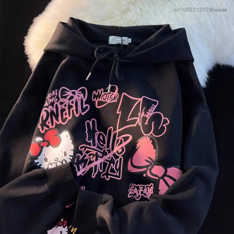 Sanrio Hello Kitty New Print Tops Hooded Women Men Autumn Winter Aesthetic Loose Sweatshirts Y2k Cute Pullovers Fashion Clothes