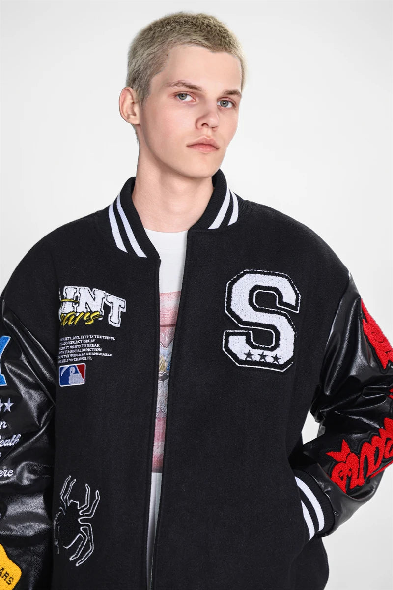 Saint Jackets High Street Embroidered Letter-split Leather Baseball Jacket Fall Winter Thickened Loose Coat Men Women