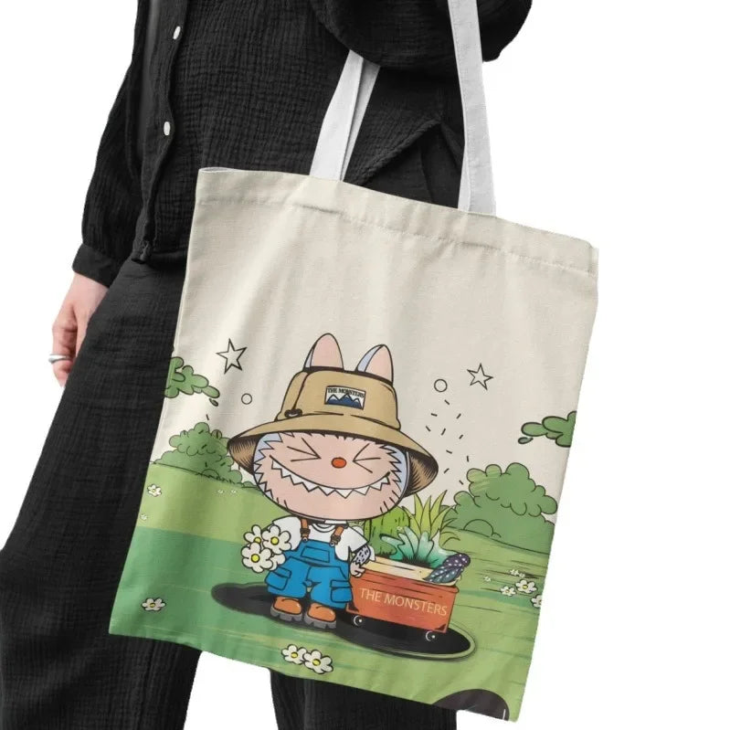 Lisa Same Labubu Canvas Bag Female Cute Cartoon Shopping HandBag College Casual Shoulder Anime Tote Bag For Women FJ07B