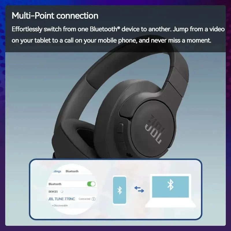 Original JBL T770NC Wireless Bluetooth Noise Cancelling Headset Active Noise Cancelling Gaming Headset 70 Hours of Battery Life