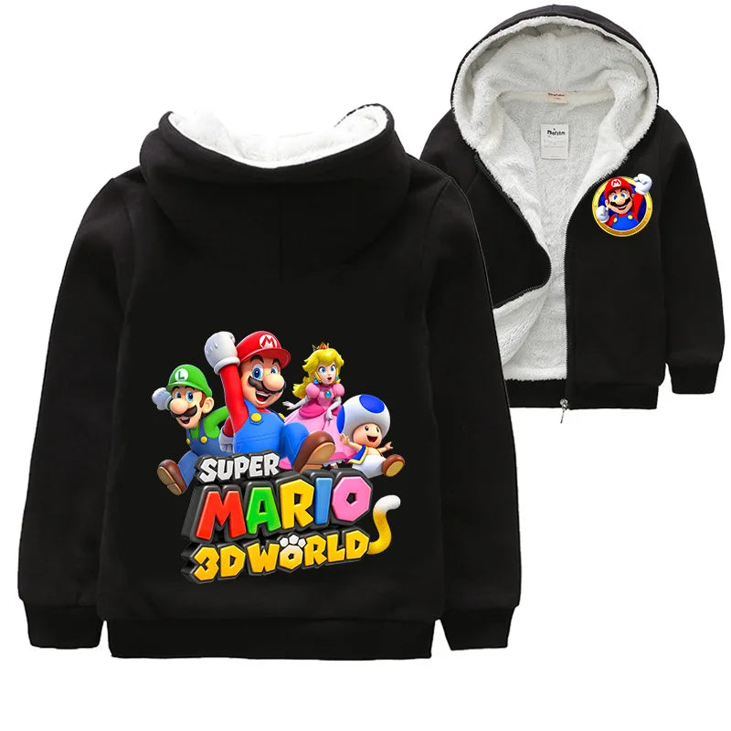 Mario Game Anime Peripheral Children's Clothing Warm Jacket Thickened Velvet Hooded Zipper Cardigan Coral Velvet Winter Coat