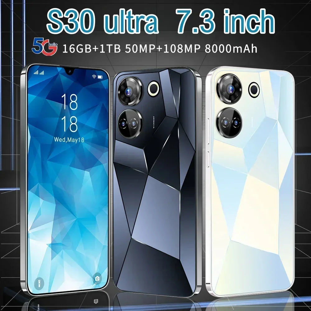 S30 Ultra Mobile Phones 7.3 HD Screen SmartPhone Original 16G+1T 5G Dual Sim Celulares Android Unlocked 108MP 8000mAh Cell Phone