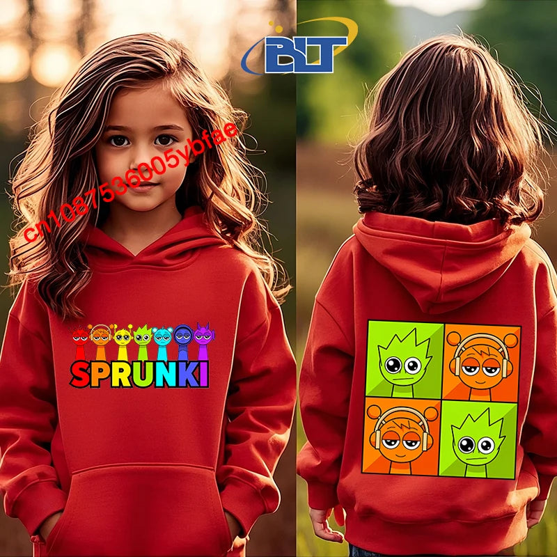 Cartoon Sprunki printed children's clothing kids hoodie red sports sweater casual tops for girls