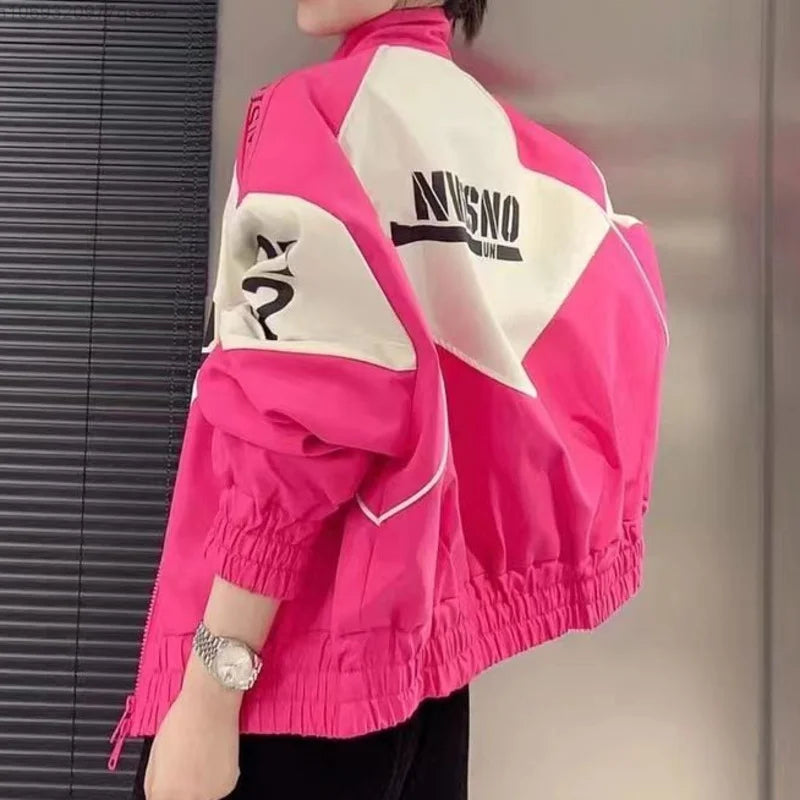 Amerikansk retro hot pink patchwork racerjakke til kvinder Y2k lynlås 2023 Ny løs oversize fit Casual bomberjakke frakke