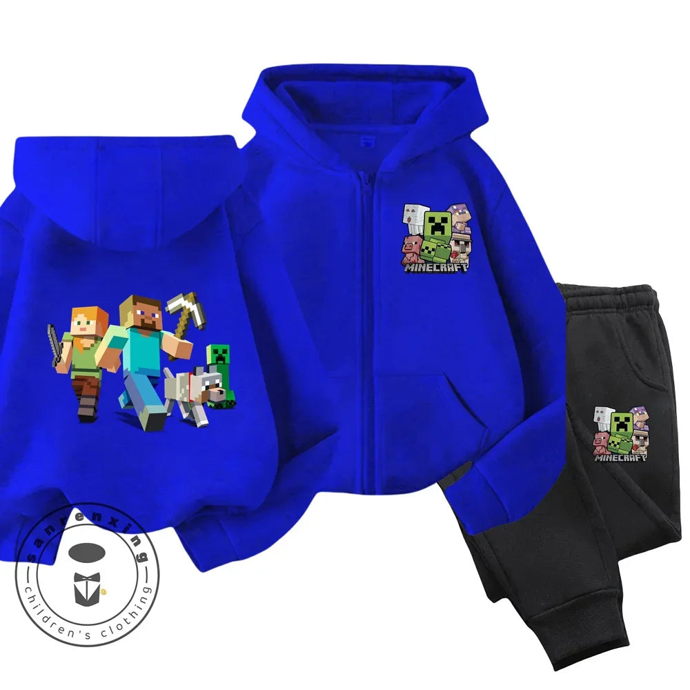 2024 New Minecraft Cherry Printed Hooded Zipper Hoodie Set for Boys and Girls Casual Top Children's Sports Comfort Set