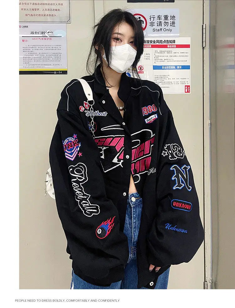 Button embroidery stitching racing suit ins tide brand baseball uniform retro fashion blue jacket jacket couple sportswear hot