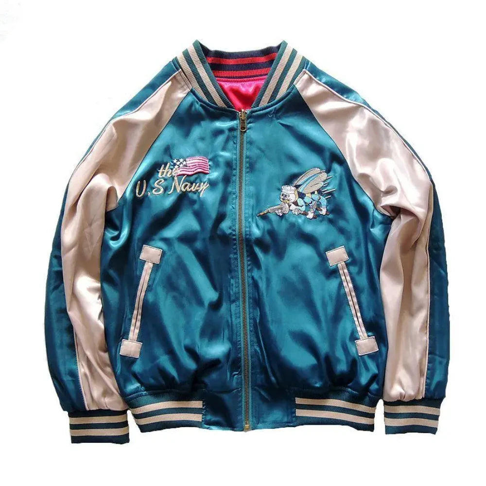 Harajuku Lovers Couples Bees Embroidery Reversible Jacket Faux Silk Baseball Satin Bomber Jacket Spring Double-sided Streetwear