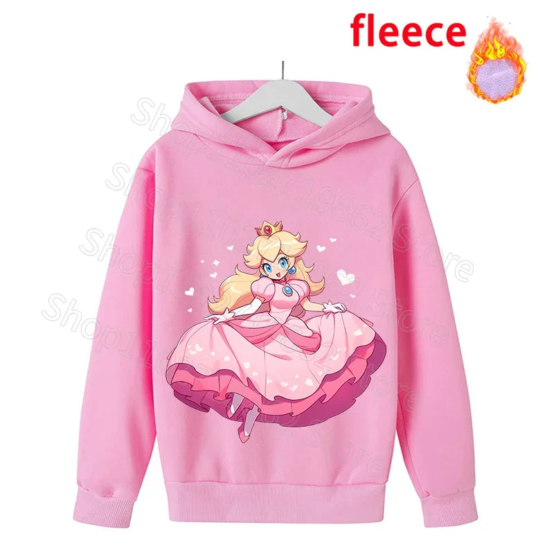 Super Mario Bros Kids Clothes Princess Peach Luigi Fleece Sweatshirts Cartoon Game Character Pattern Long Sleeves Baby Show Gift