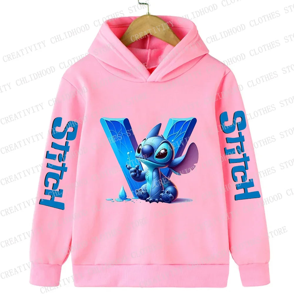 Stitch Children Hoodies 26 English Letters ABCD Kids Winter Pullover Casual Clothes Kid Girl Boy Cartoon Kawaii Tops Sweatshirts