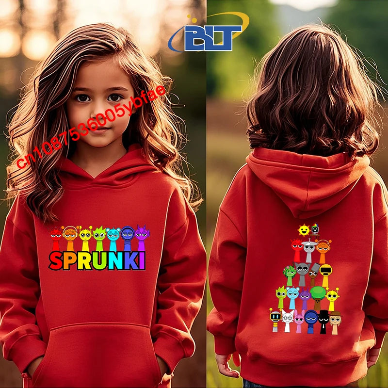 Cartoon Sprunki printed children's clothing kids hoodie red sports sweater casual tops for girls