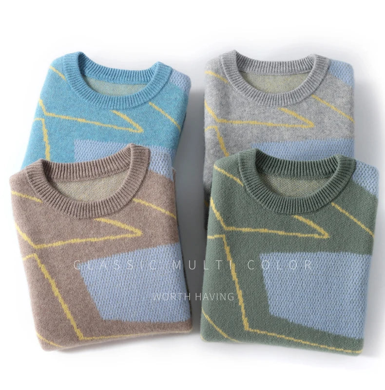 Autumn Winter New 100% Merino Wool Thick Warm Men's Round Neck Sweater Knitted Pullover Contrasting Clothing Long Sleeves coat