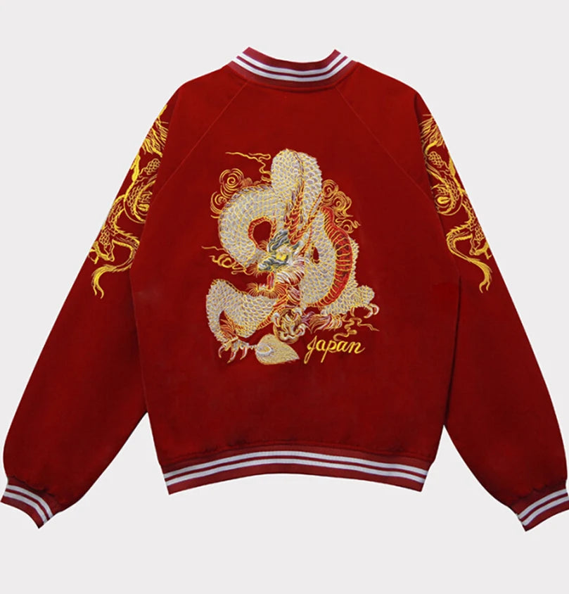 Unisex Spring Autumn Velveteen Baseball Jacket Men Women Luxury Sukajan Dragon Embroidery Bomber Coat Japanese 2024