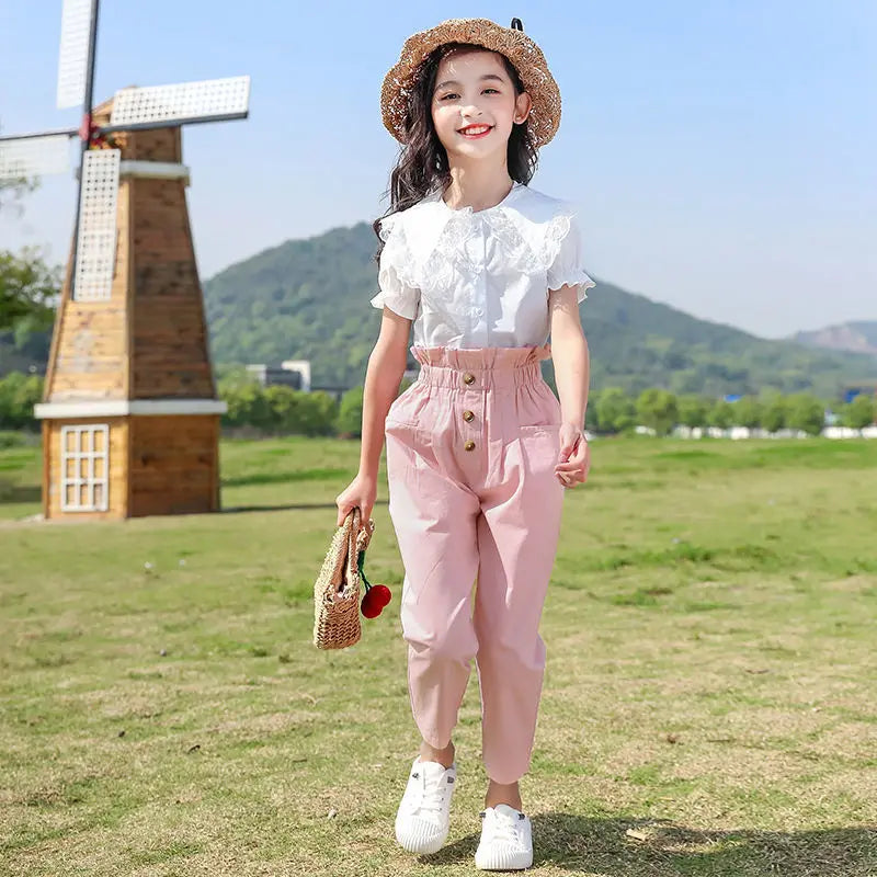 summer Girl Outfits Spring Teeager Kid Children Clothes white Shirt Tops blouse + Pants Sets 4 5 6 7 8 9 10 11 12 13 Years