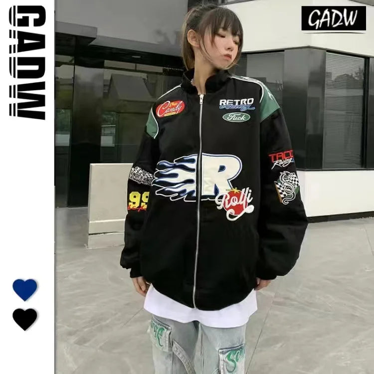 Button embroidery stitching racing suit ins tide brand baseball uniform retro fashion blue jacket jacket couple sportswear hot