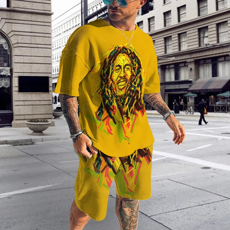 Hot Summer Men's Clothing 3d Printed Men's Bob Marley Printed Short Sleeve Shorts Two-Piece Man Casual Fashion Short Sleeve Suit