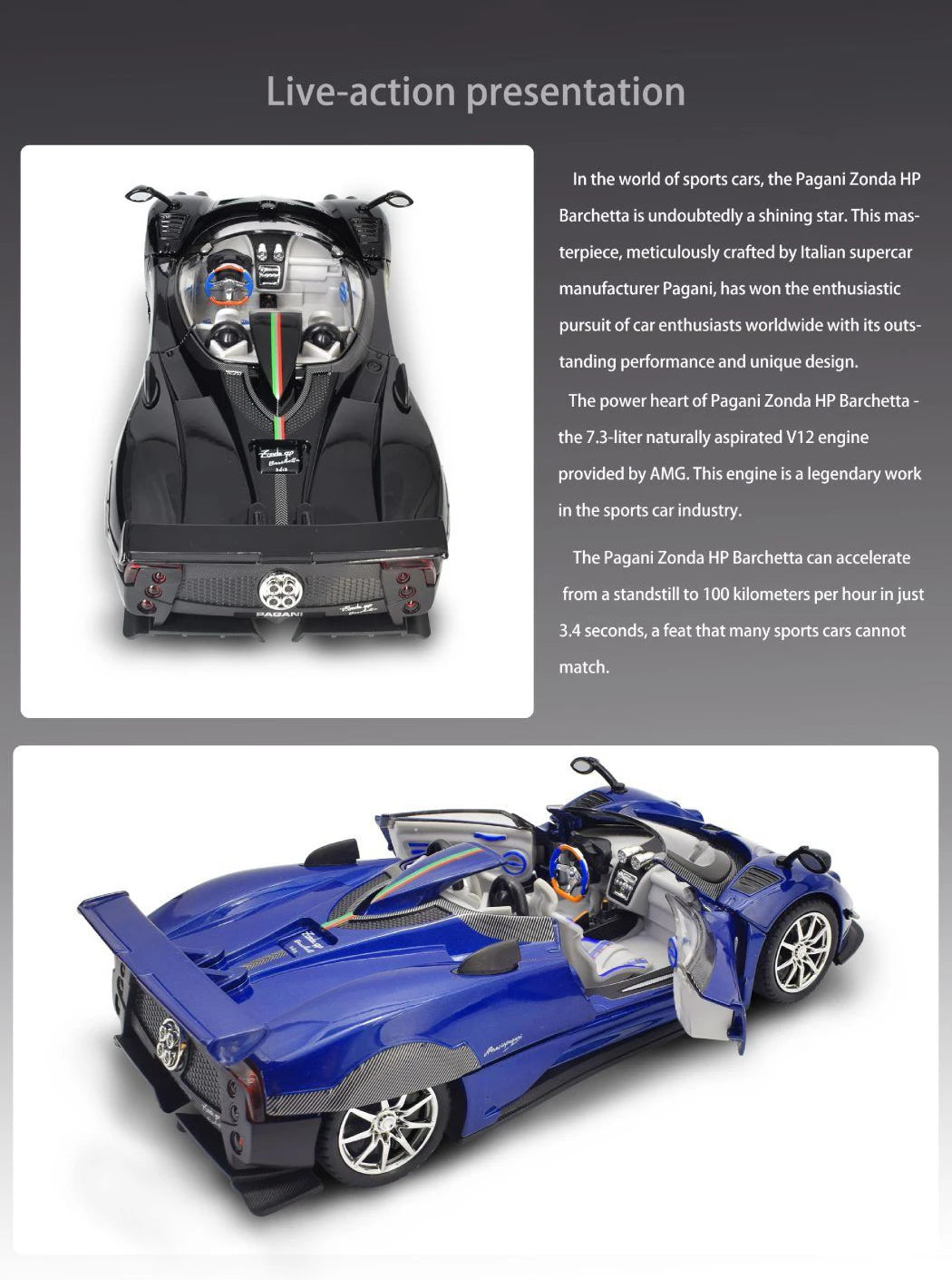 1:24 Pagani Zonda HP Barchetta Supercar Alloy Car Model Sound and Light Pull Back Children's Toy Collectibles Birthday gift