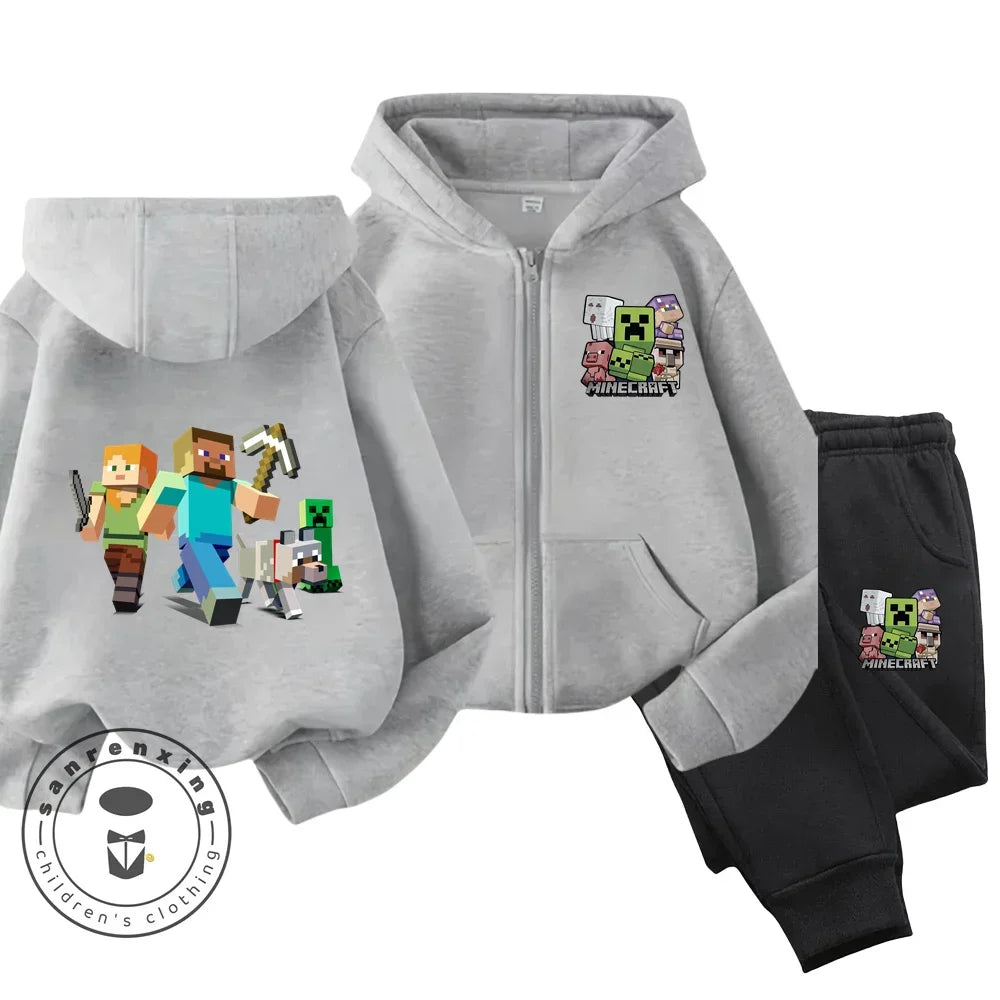 2024 New Minecraft Cherry Printed Hooded Zipper Hoodie Set for Boys and Girls Casual Top Children's Sports Comfort Set