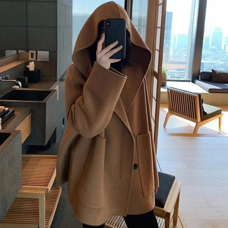 Thickened Hebridean Style Double-sided Woolen Jacket For Women Winter Loose-fit Hooded Overcoat 300lbs Mmplus Size