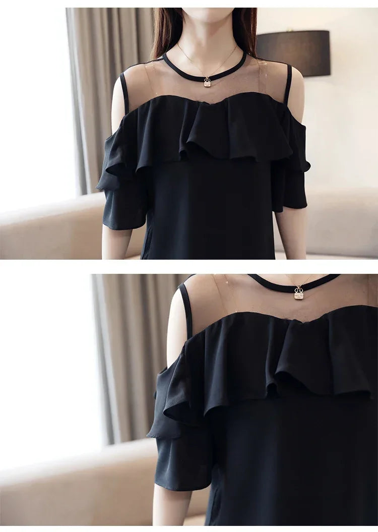 Mesh Chiffon Blouse Summer Short Sleeve Ruffles Tops Sexy Off Shoulder Shirt