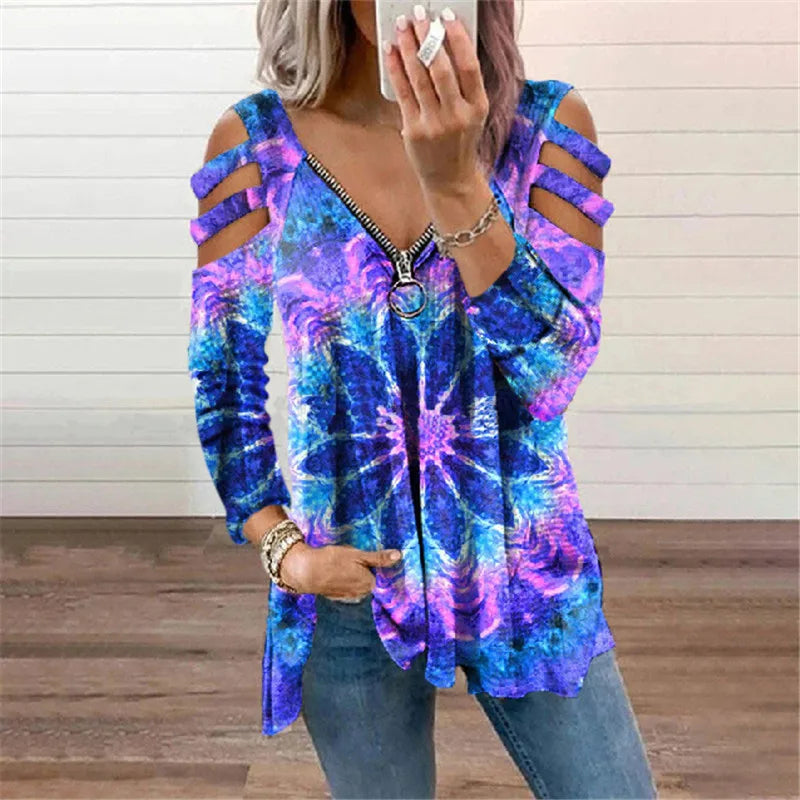 Cold Shoulder T-shirt Ladies Long Sleeve Blouse Tunic Tops High Quality Clothing