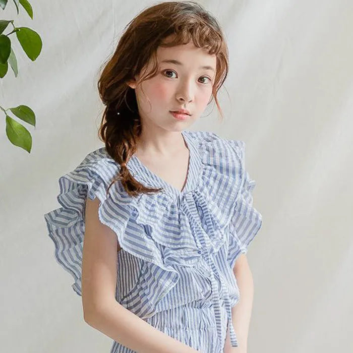 2024 new Summer baby Girls Kids Clothes flounce chiffon stripe plaid T Shirt blouse + hot Pants teens 7 8 9 10 11 12 13 14 Years