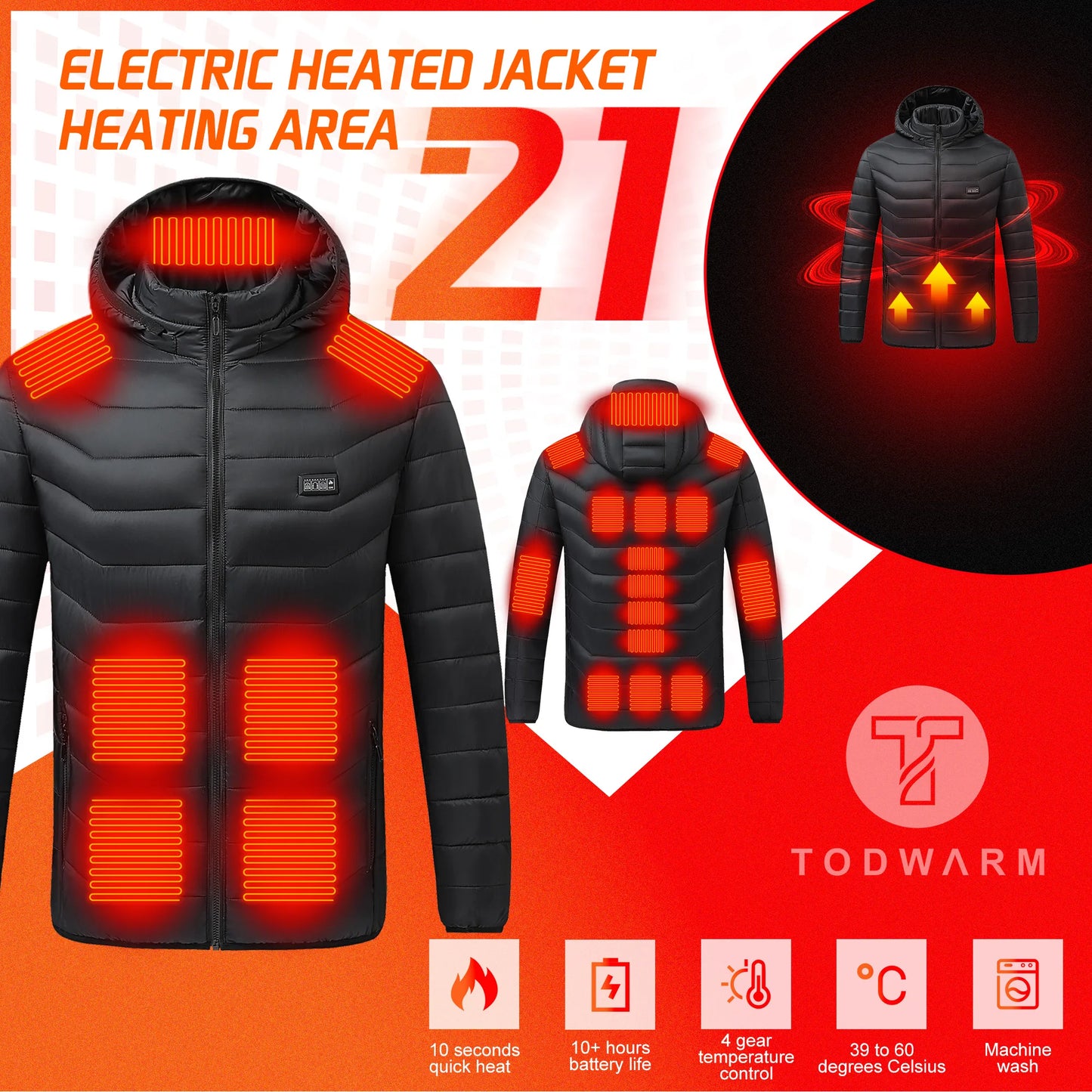 TODWARM Heated Jacket 21 Areas Winter Men's Women's Motorcycle Jacket USB Electric Heating Jacket Heated Vest Moto Thermal Cloth