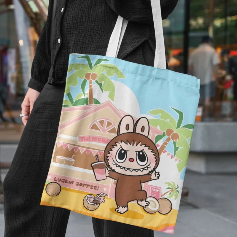 Lisa Same Labubu Canvas Bag Female Cute Cartoon Shopping HandBag College Casual Shoulder Anime Tote Bag For Women FJ07B