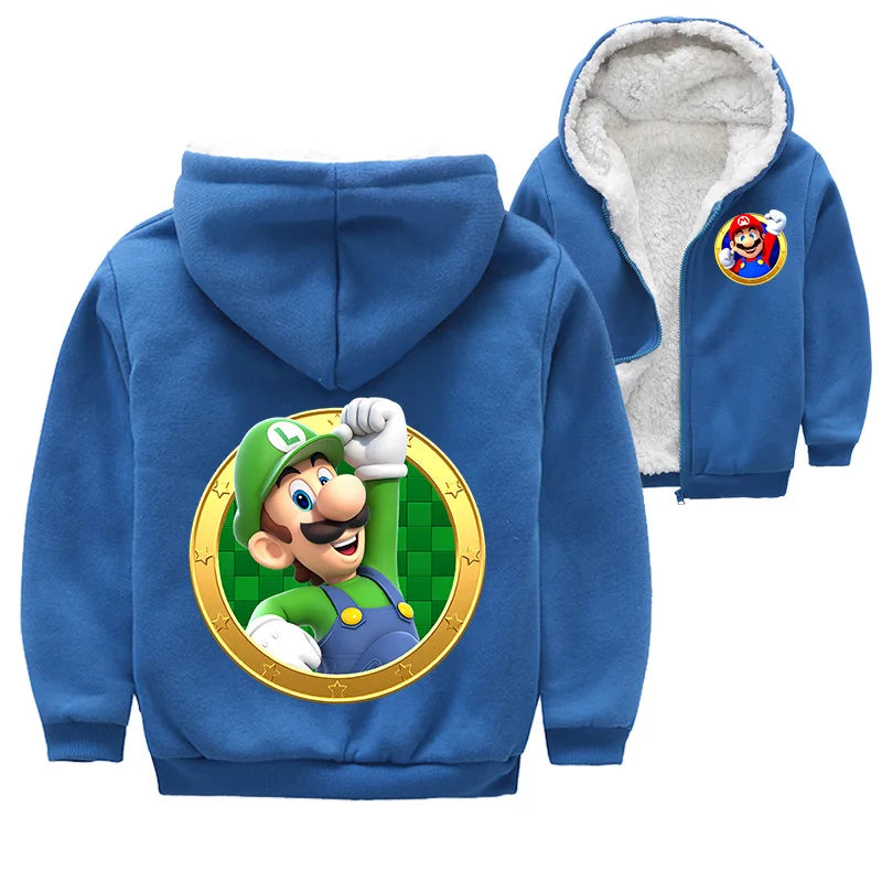 Mario Game Anime Peripheral Children's Clothing Warm Jacket Thickened Velvet Hooded Zipper Cardigan Coral Velvet Winter Coat