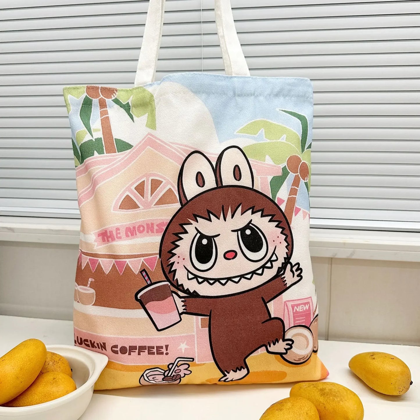 Labubu Canvas Bag Female Student Cute Cartoon Shopping HandBag Casual Shoulder Bag The Monsters Outdoor Travel Use YB13G