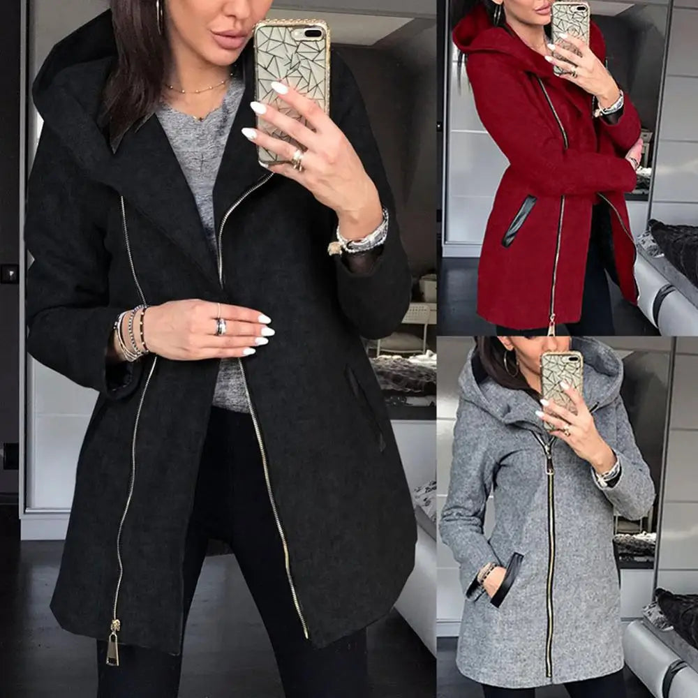 Women Fashion Solid Color Thicken Wadded Hooded Coat Zipper Midi Jacket Outwear Loose Outerwear Chic Tops