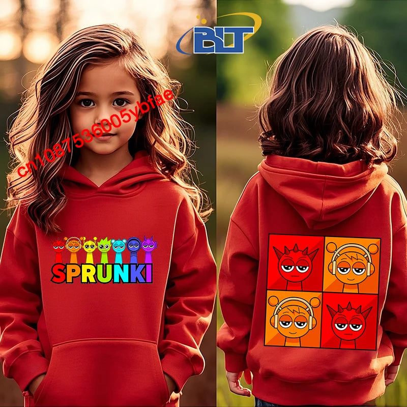 Cartoon Sprunki printed children's clothing kids hoodie red sports sweater casual tops for girls