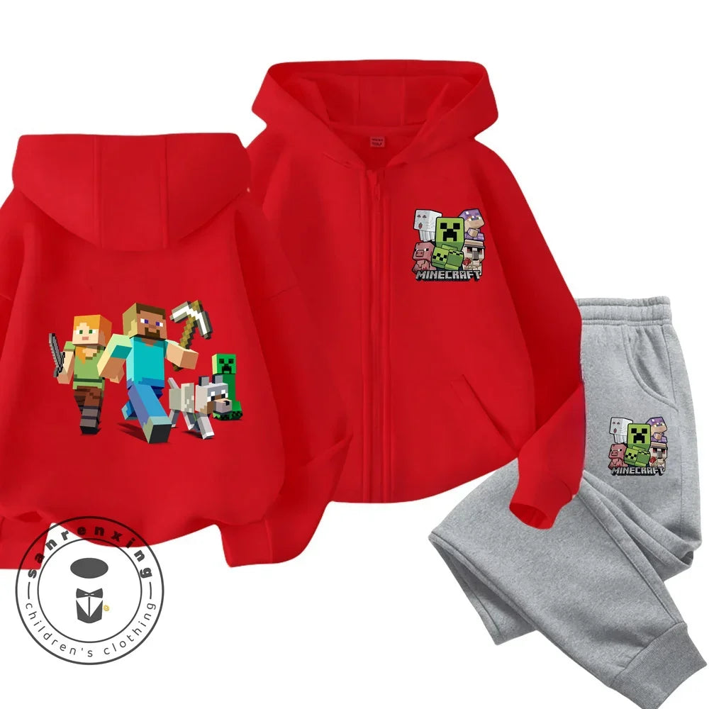 2024 New Minecraft Cherry Printed Hooded Zipper Hoodie Set for Boys and Girls Casual Top Children's Sports Comfort Set