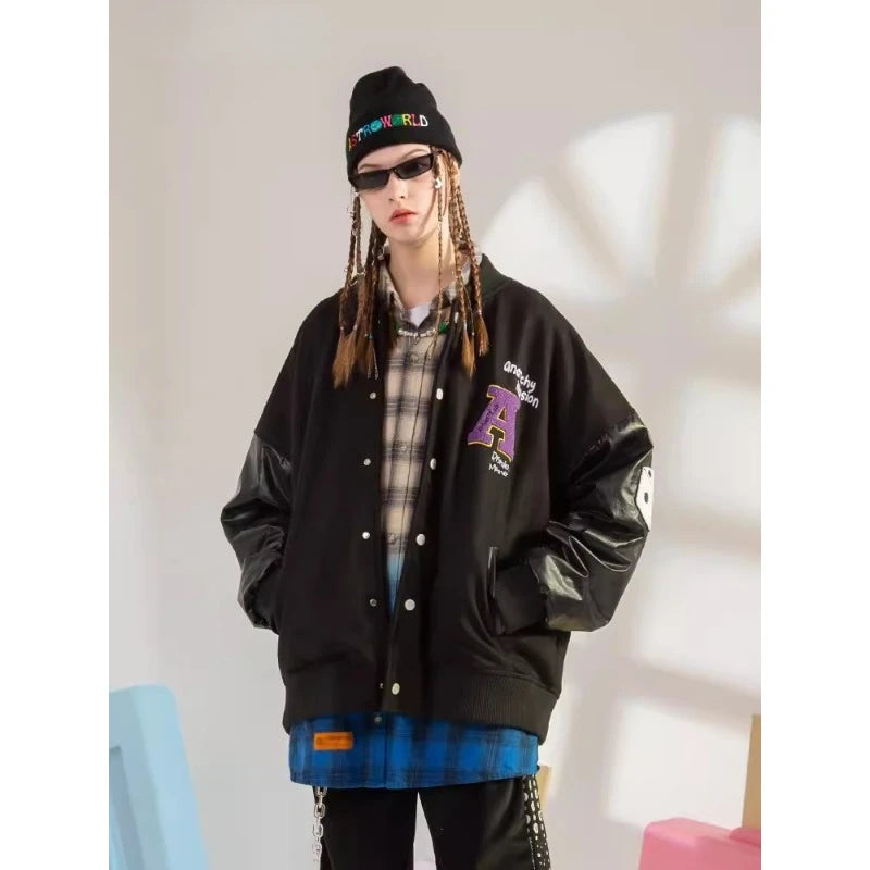 Hip Hop Harajuku Black Jackets Men Women Patchwork Embroidery Casual Bomber Jacket Couple Vintage Loose Varsity Coat Spring 2023