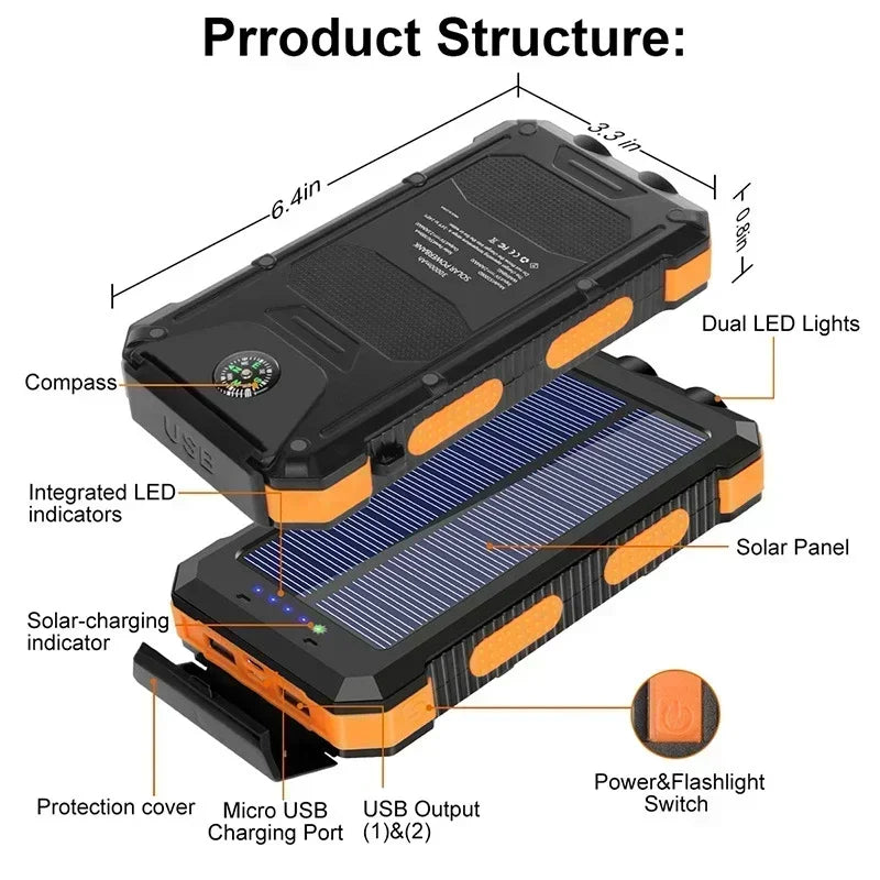 200000mAh Solar Power Bank Outdoor Wild Fishing Camping Large Capacity Backup Power Portable Waterproof Supply Rapid Charging