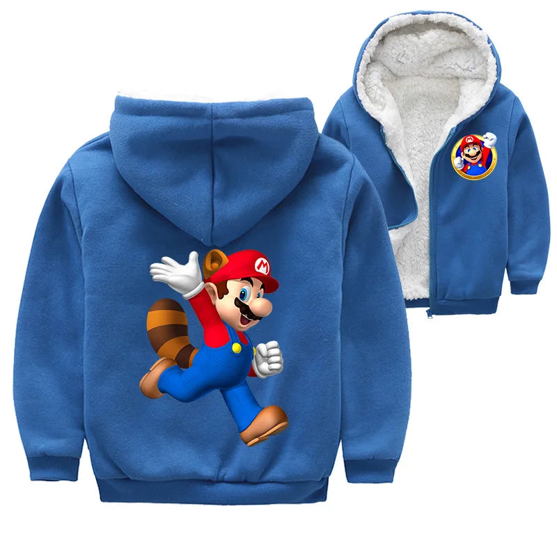 Mario Game Anime Peripheral Children's Clothing Warm Jacket Thickened Velvet Hooded Zipper Cardigan Coral Velvet Winter Coat