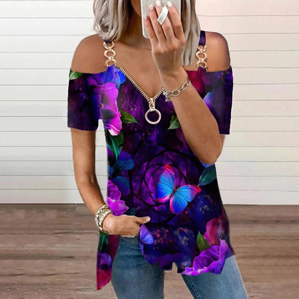 Zipper V Neck Chain T-Shirt Cold Shoulder Summer Blouse  Tops Clothing