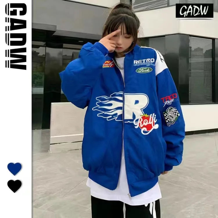 Button embroidery stitching racing suit ins tide brand baseball uniform retro fashion blue jacket jacket couple sportswear hot