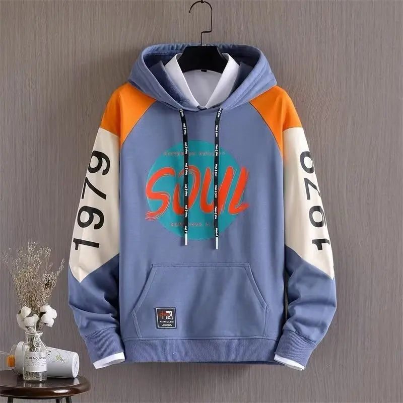 Autumn Men's Hoodie,Teen Fleece Jacket,Outdoor Casual Sweatshirt,Korean Fashion Print Men's Clothing, Retro Sleeve Hoodie 2022