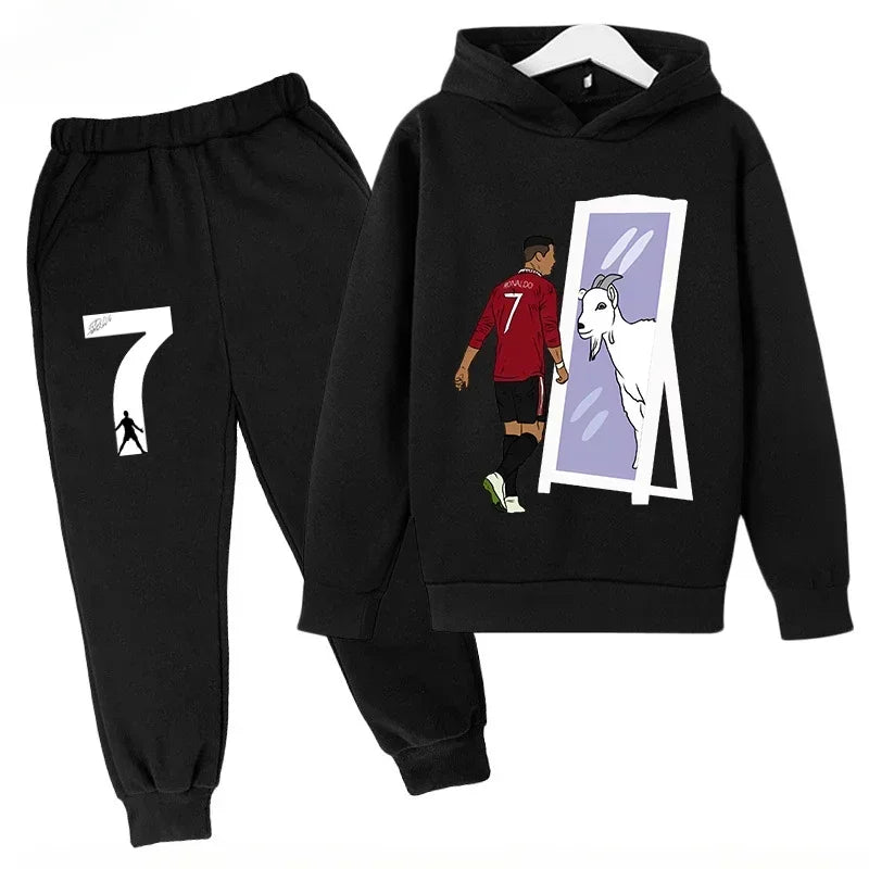 Children's Sports Hoodie Set Sweatshirt Pants 2-piece Set for Boy and Girl Ronaldo Avatar Printed Kid Clothes Baby Set Sportsuit