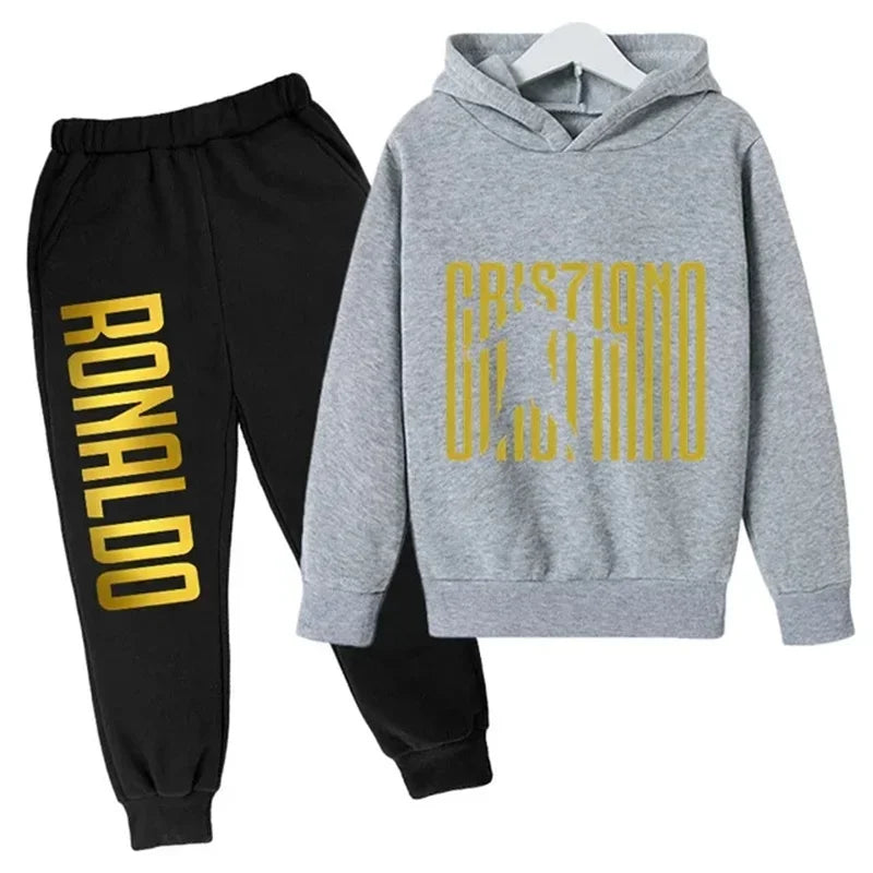 Ronaldo printed children's hoodie set autumn and winter fleece hooded pants two-piece sports casual children's clothing